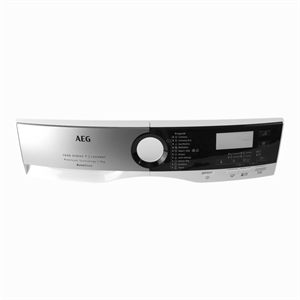 Front panel for display og sæbeskuffe i vaskemaskine fra Aeg.